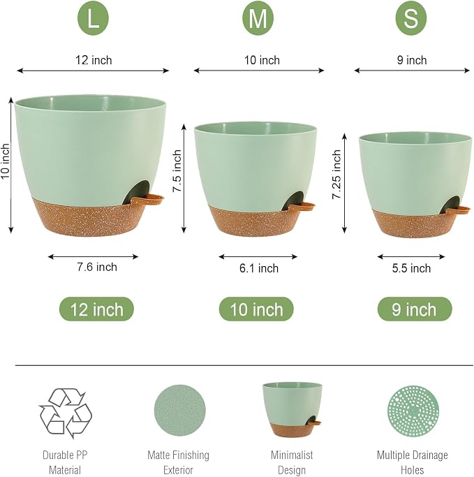 Large Self Watering Pots, 12/10/9 Plastic Planters - Image 2