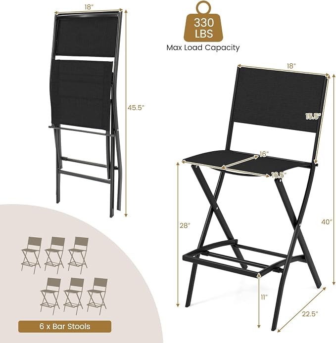 COSTWAY Outdoor Patio Bar Chair Set of 6, Folding Bar Height Stool - Image 2