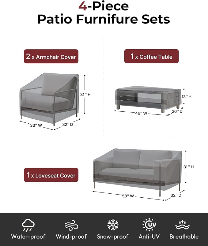 Loriano Patio Furniture Covers 4 Piece Set, Outdoor Waterproof, Heavy Duty 600D - Image 2