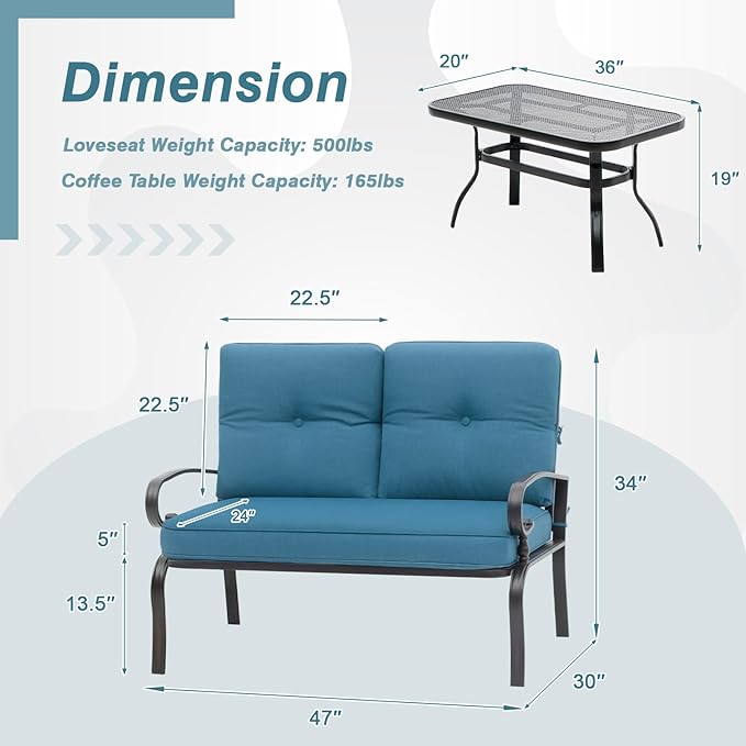 Oakcloud Outdoor 2 Pcs Patio Loveseat Bench Metal Frame Furniture Set - Image 3
