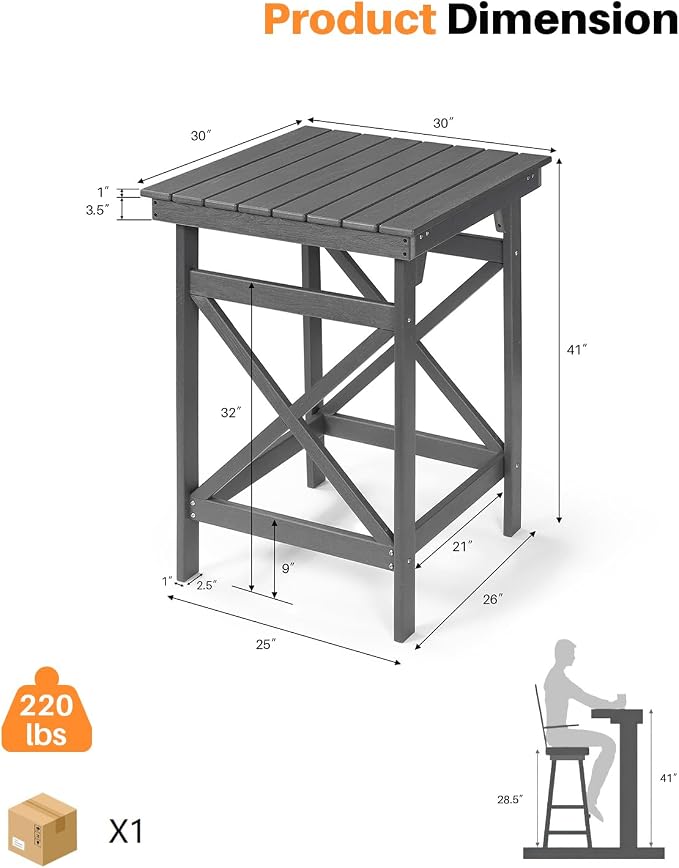 HDPE Outdoor Bar Table, All Weather HDPE Patio High Top Pub Table, Square HDPE - Image 4