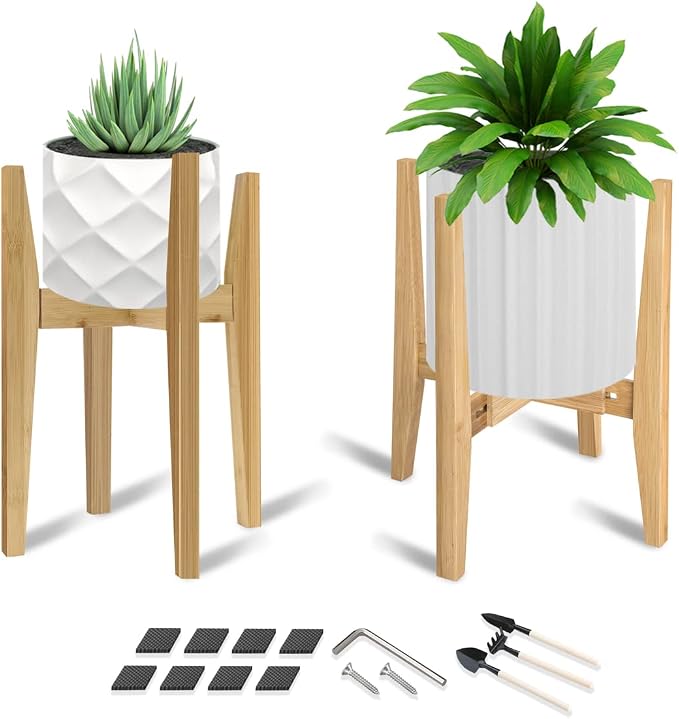 OERGKE 2 PACK Adjustable Plant Stand Indoor, Bamboo Mid Century Modern Plants by OERGKE