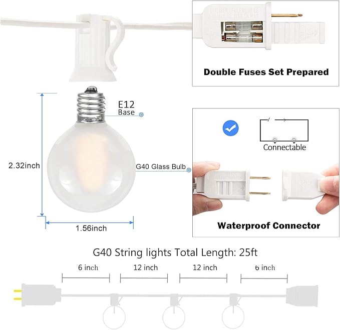 25Ft G40 LED Outdoor Christmas Frosted White String Lights - Image 2