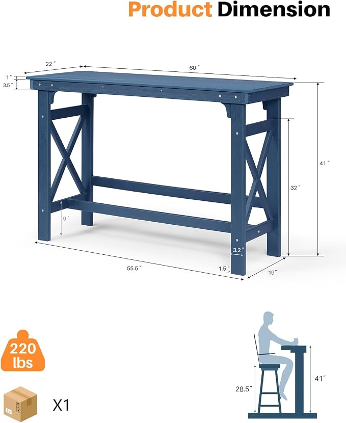 HDPE Outdoor Bar Table, Outdoor Counter Height Table Adirondack Patio Bar - Image 3