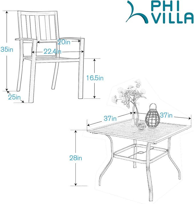 PHI VILLA Patio Dining Set Metal Outdoor Table and Chairs Furniture Set 5 Piece - Image 7
