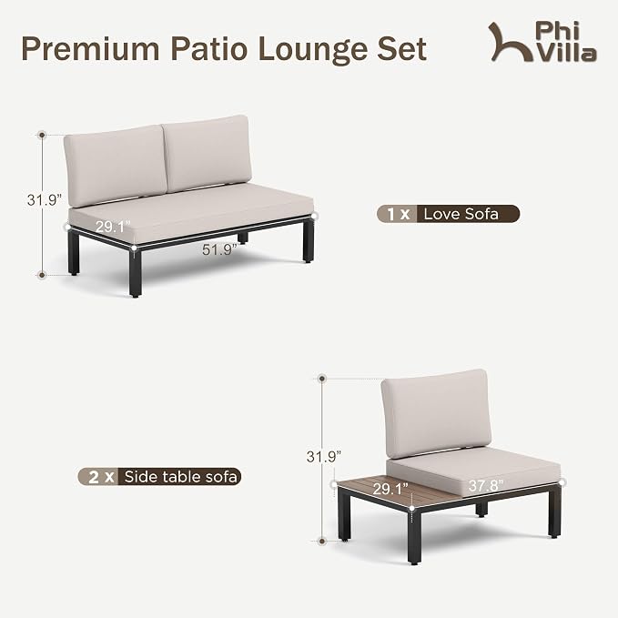 PHI VILLA 3 Pieces Outdoor Patio Furniture Set, Metal Frame Modern Outdoor - Image 6