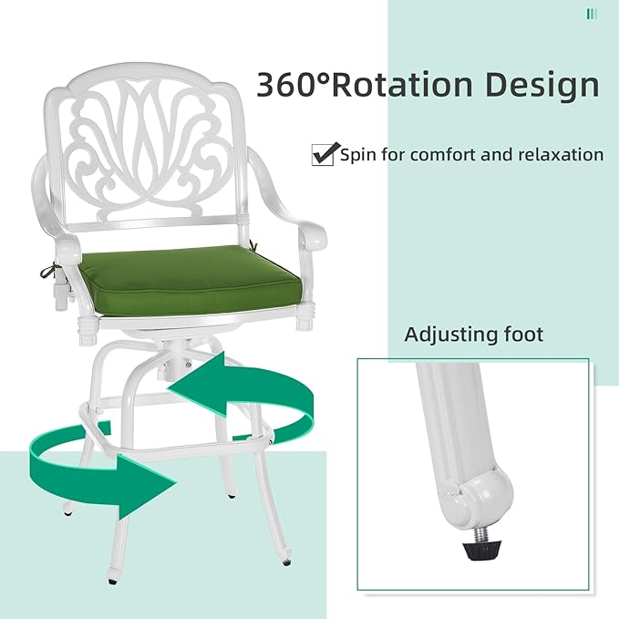VIVIJASON 3-Piece Patio Swivel Bar Stools Set, All Weather Cast Aluminum - Image 3