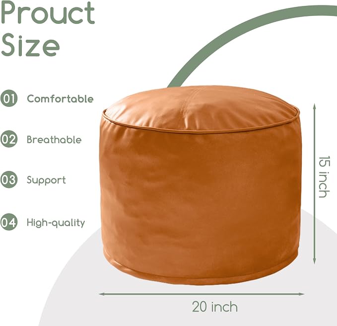 HIGOGOGO Round Stuffed Pouf Ottoman, Pu Leather Poufs - Image 2