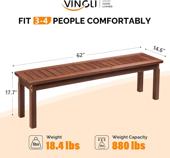 VINGLI Outdoor Wooden Bench, 62” Porch Bench Outdoor Backless Garden Bench - Image 3