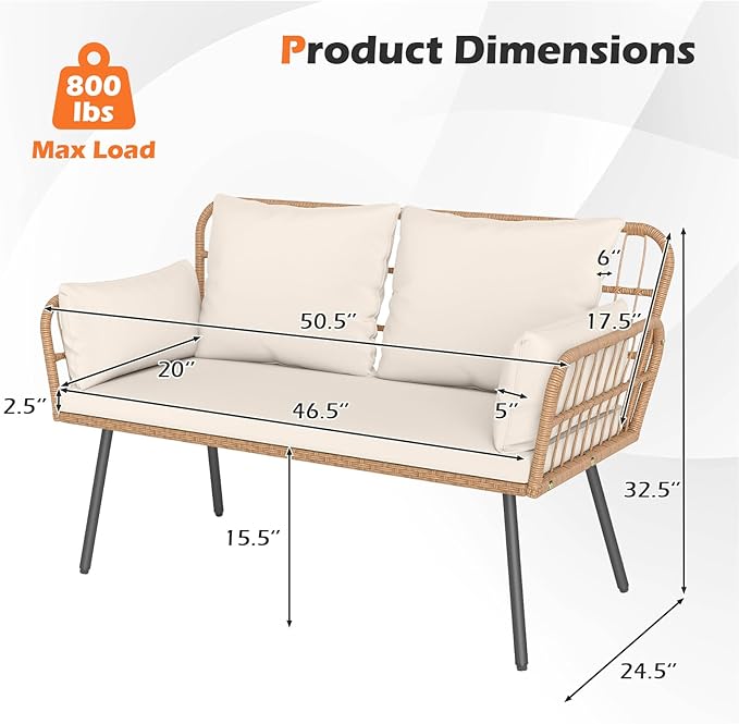 Tangkula Patio Wicker Loveseat, Outdoor Rattan 2-Seat Cushioned Sofa - Image 3