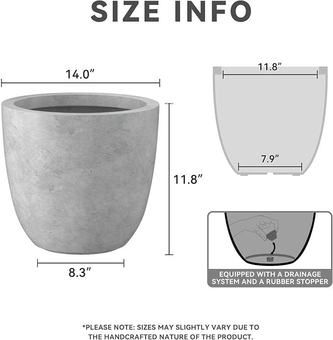 Kante 14 Inch Dia Round Concrete Planter, Indoor Outdoor Large Plant Pot - Image 2