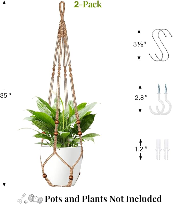 Jute Macrame Plant Hanger Indoor Set of 2 Hanging Planter Basket Flower Pot - Image 3