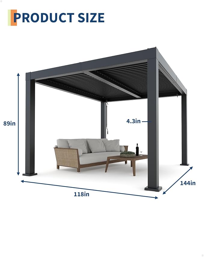 Garveelife All-Aluminum Louvered Pergola 10 ft x 12 ft, Outdoor Pergola - Image 3