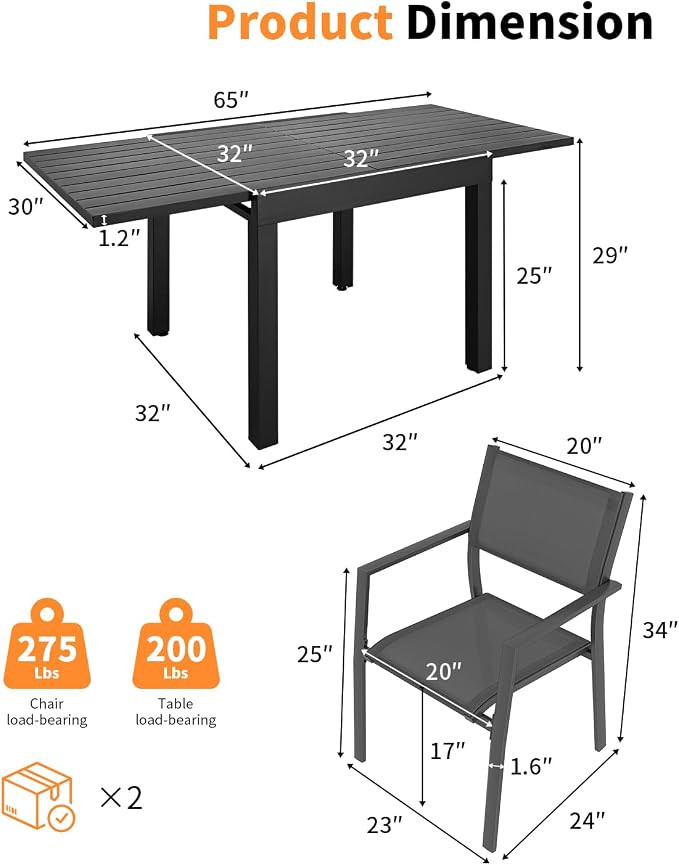5 Pieces Outdoor Dining Set, Never-Rust Aluminum Expandable Patio Dining Table - Image 3
