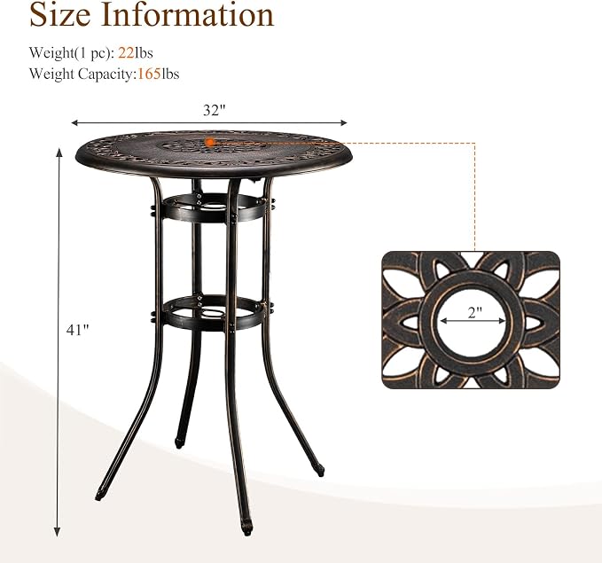 VINGLI Outdoor Bar Table, Cast Aluminum Bar Height Patio Table - Image 3
