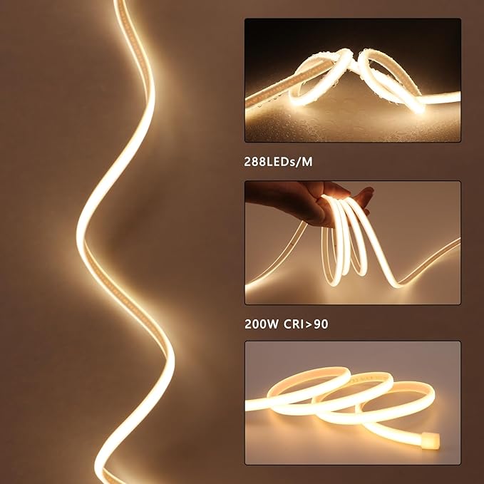 AC 110V COB LED Strip Lights Outdoor Waterproof 65.6ft, 3000K Warm White Super - Image 3