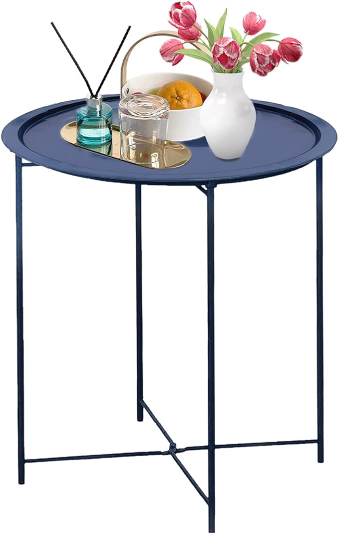 Garden 4 you End Table Metal Side Table Blue Round Folding Tray Cyan Sofa Small by Garden4you