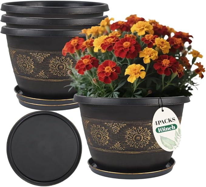 4 Pack 10 inch Plant Pots, Retro Pattern Planters by Usocik