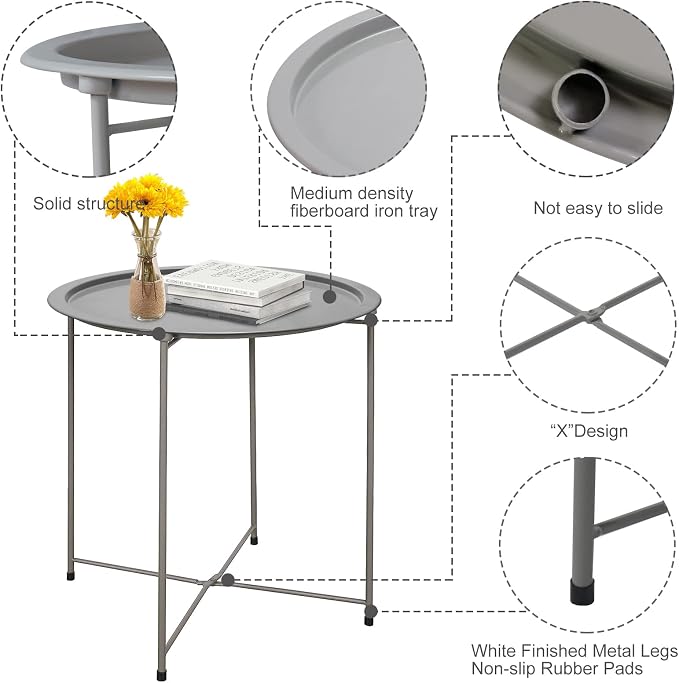 Garden 4 you End Table Metal Side Table Grey Round Folding Tray Cyan Sofa Small - Image 5