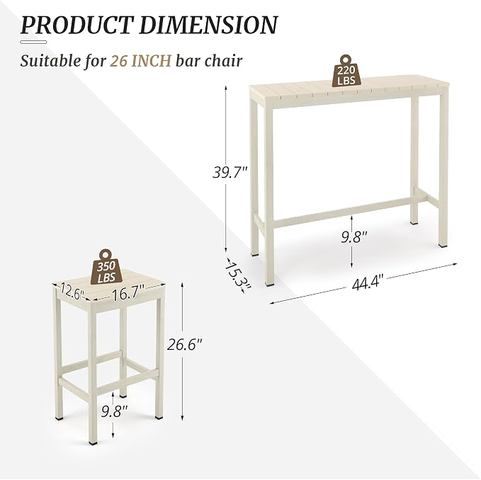 Outdoor Bar Height Table and Chairs Set, 3 Piece Patio Pub Bar Set - Image 3