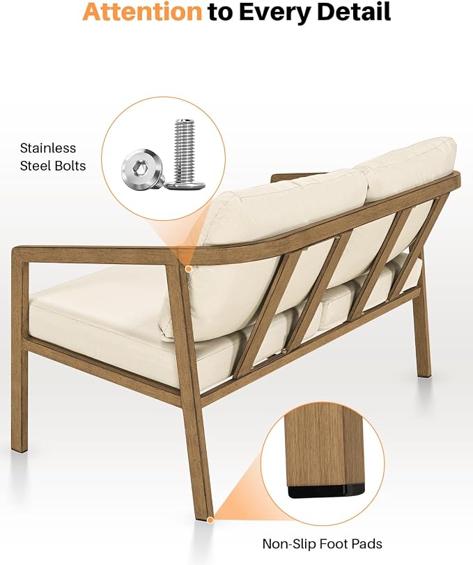 Teak Outdoor Patio Loveseat, Never-Rust Aluminum Outdoor Loveseat Couch - Image 9