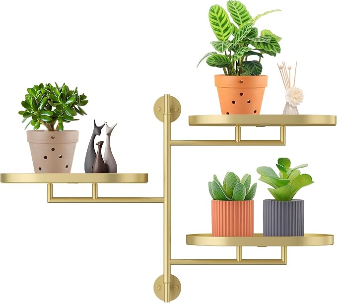Rotating Window Wall Plant Shelves Stand Holder, 3 Tiered Metal Gold Floating by YFFSRJDJ