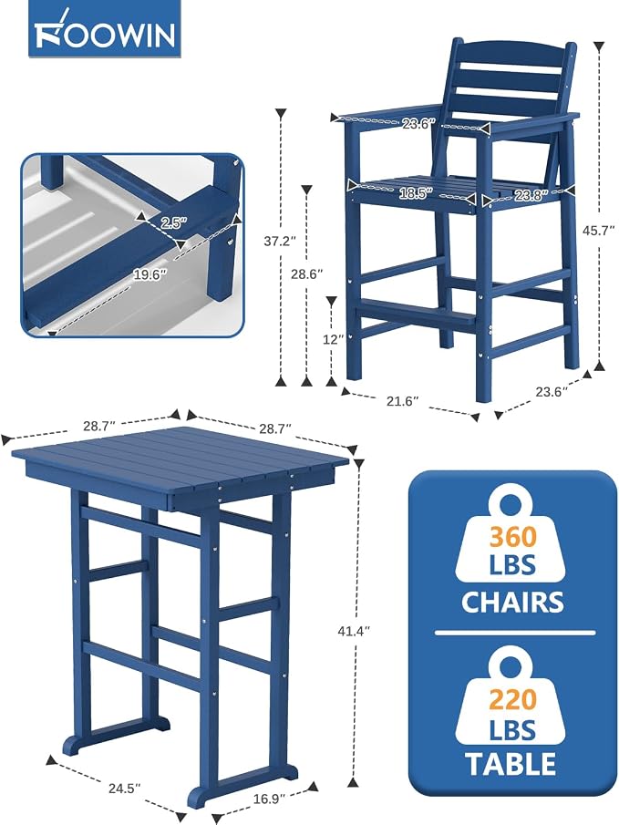 FOOWIN 3 Piece Outdoor Bar Height Table and Chairs, All Weather HDPE Patio Bar - Image 3