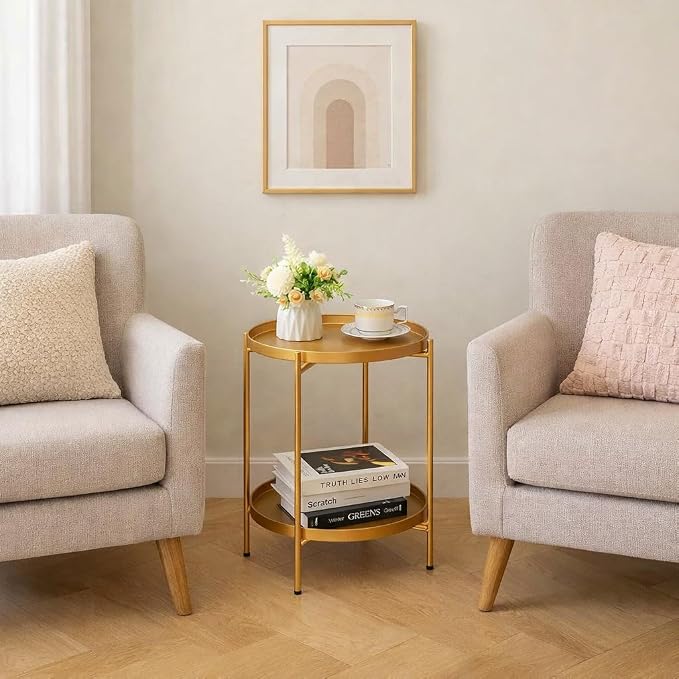 HollyHOME 2-Tier Round Gold Side Table, Outdoor Small Folding Accent Stand - Image 9