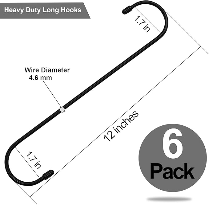 6 Pack 12 inch Extra Large S Hooks Black Heavy Duty Long S Hooks - Image 2