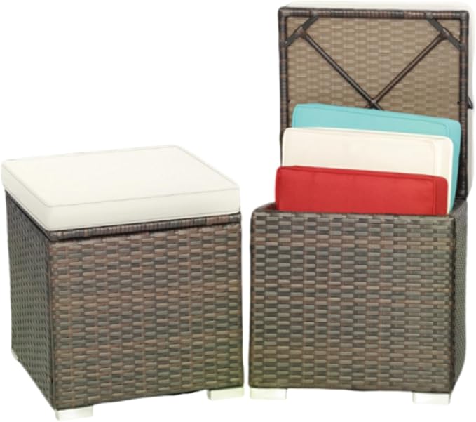 MEDIMALL Patio Wicker Ottoman Set of 2, Rattan Side Table w/Storage, Footstool by MEDIMALL