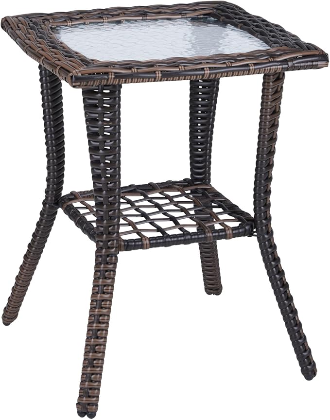 Outdoor Side Table with Storage Wicker Patio Side Table, Tempered Glass Top End by Unknown