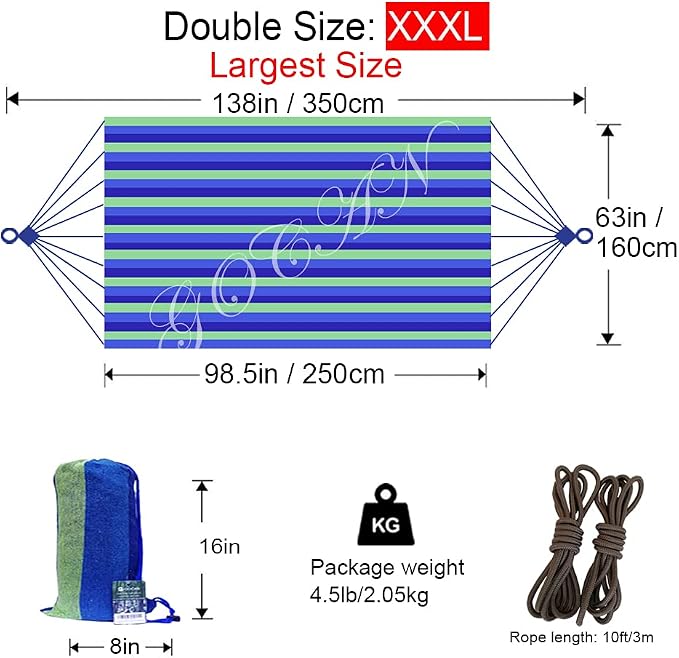 Brazilian Double Hammock 2 Person Extra Large Canvas 250x160cm Total Length - Image 3