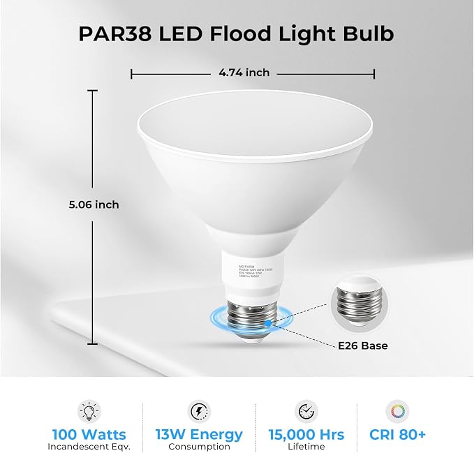 PAR38 LED Outdoor Flood Light Bulbs, 100W Equivalent, 5000K Daylight White - Image 2