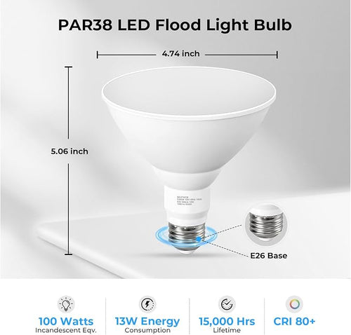 10 Pack PAR38 LED Outdoor Flood Light Bulbs, 100W Equivalent, 5000K Daylight - Image 2