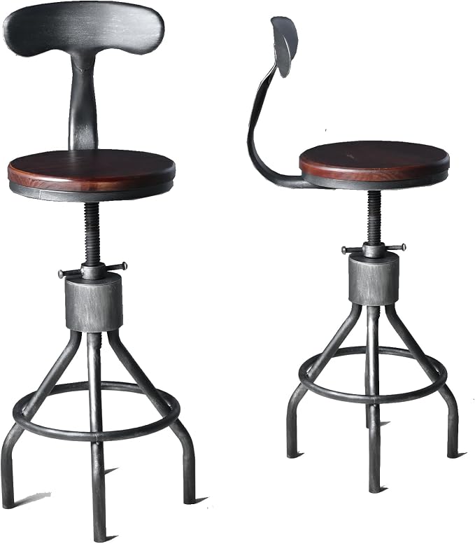 LOKKHAN Set of 2 Industrial Bar Stool-Adjustable Swivel Wood Metal Bar by LOKKHAN