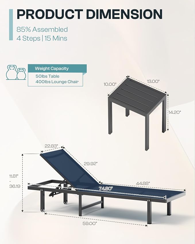 Aluminum Outdoor Lounge Chairs Set of 2, Pool Lounge Chairs - Image 2
