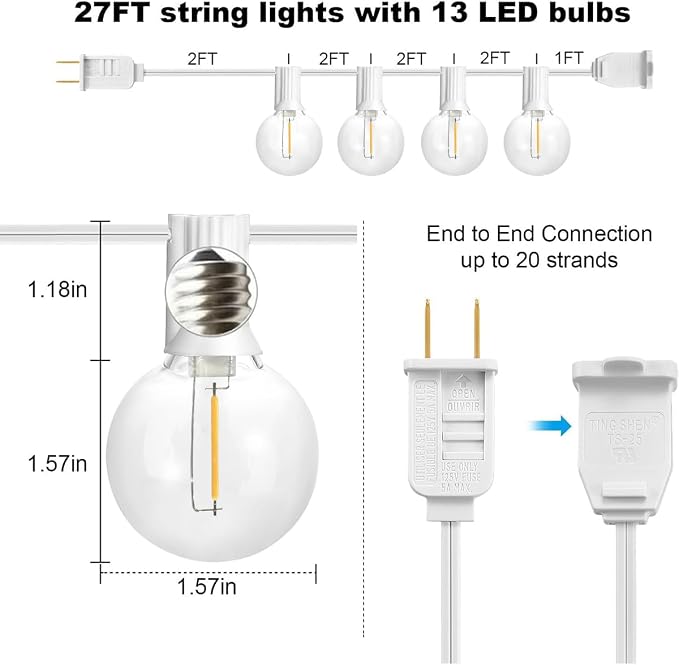 SUNTHIN Outdoor White String Lights, 27FT White Patio Lights - Image 2
