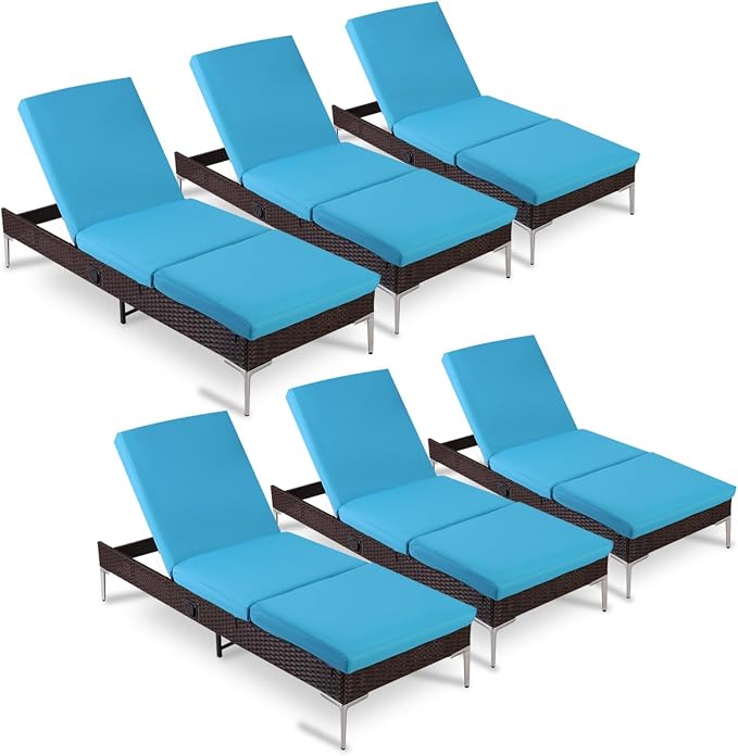 HOMREST Outdoor Lounge Chairs Set of 6, Patio Wicker Chaise Lounge by HOMREST