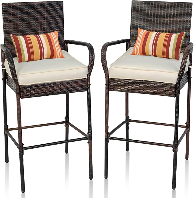 Sundale Outdoor Wicker Bar Stool Set of 2, Patio Counter Height Pub Chair by SundaleOutdoor