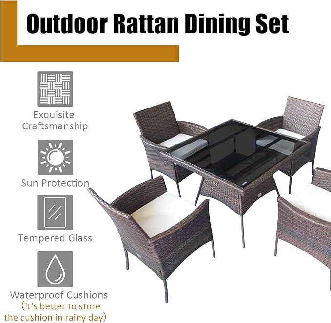 Tangkula 5 Pieces Wicker Patio Dining Set, Outdoor PE Rattan Chairs Table Set - Image 8