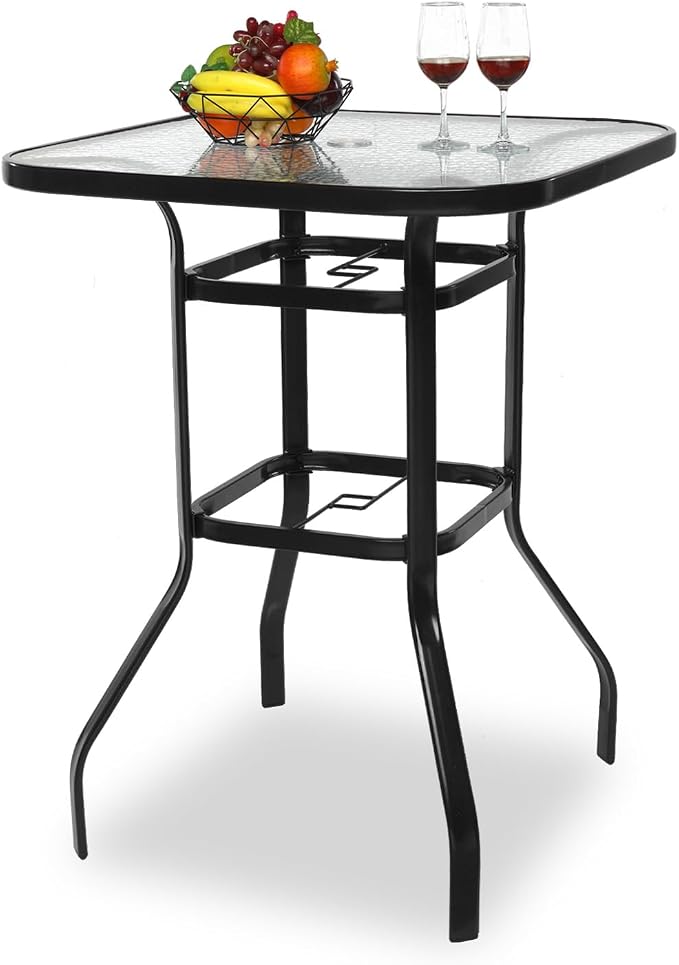 VINGLI Outdoor Bar Table with Umbrella Hole, Modern Black Metal Patio Bar Table by VINGLI