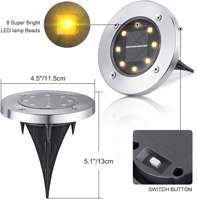 LYHOPE Solar Ground Light Outdoor, 16 Pack 8 LED Solar Disk Lights Waterproof - Image 4