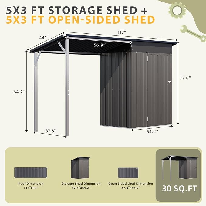 AECOJOY 5x3 FT Outdoor Storage Shed & Hardtop Gazebo Combo, 10x4 FT Metal Lean - Image 3