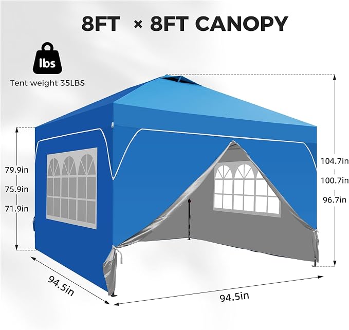 8x8 FT Pop Up Canopy with 1-Button Push, 4 Removable Sidewalls, Instant Canopy - Image 5