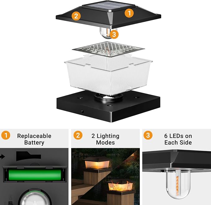 btfarm 4x4 Solar Flame Post Cap Lights Outdoor, 2 Pack Flickering Flame Deck - Image 5