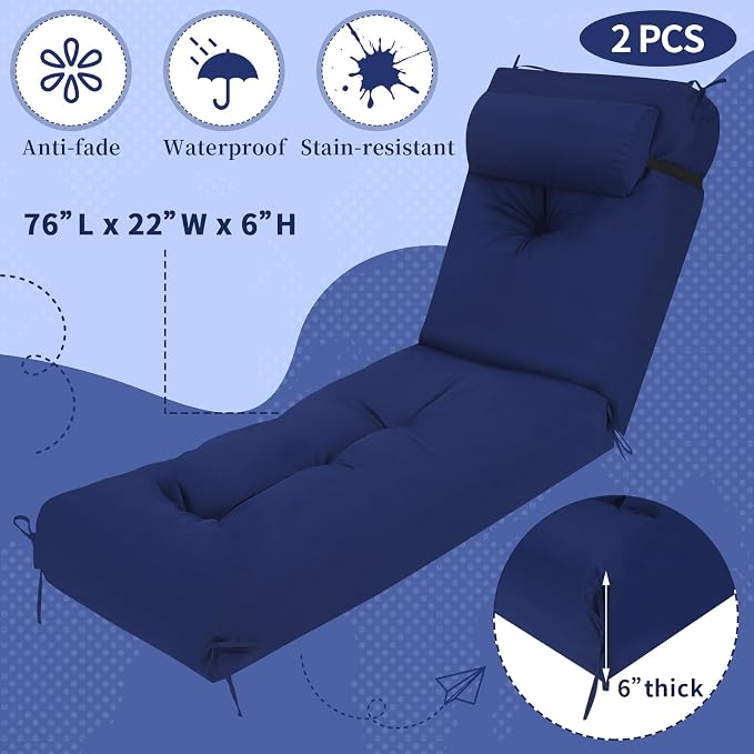 Wenqik Set of 2 Outdoor Chaise Lounge Cushions 76 x 22 x 6 Inch Waterproof - Image 3