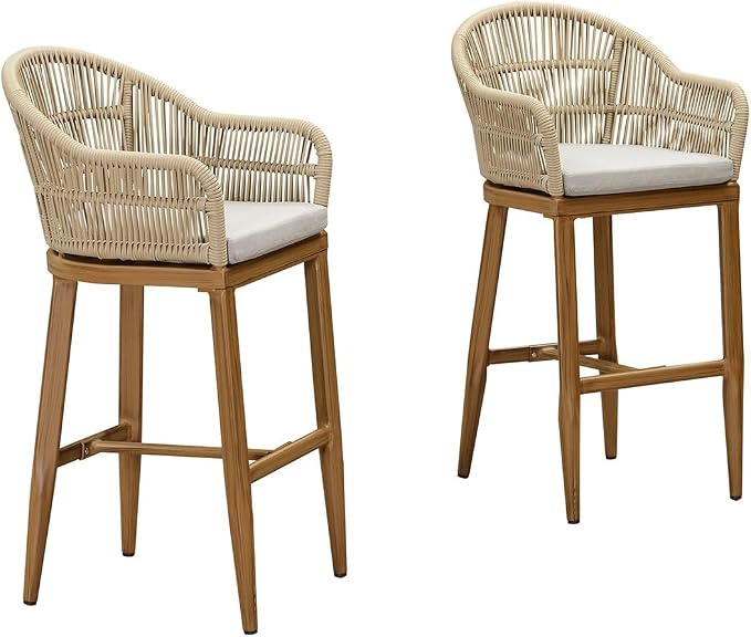 PURPLE LEAF Outdoor Bar Height Stools Set of 2 Patio Metal Modern Wicker Rattan - Image 8