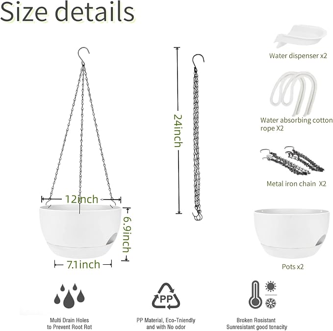 2 Pack Hanging Planters for Indoor Outdoor Plants, 12Inch Self Watering Hanging - Image 3