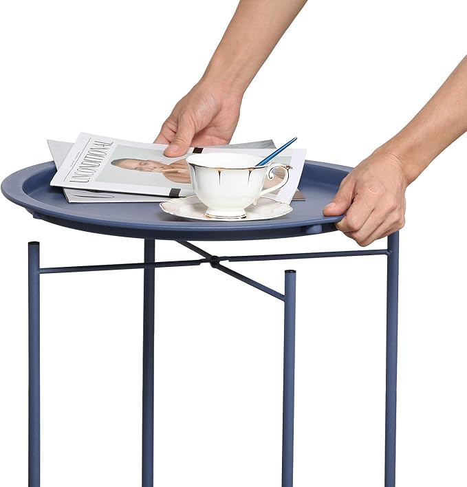 VECELO Side/End Table, Folding Round Metal Anti-Rust and Waterproof Outdoor or - Image 7