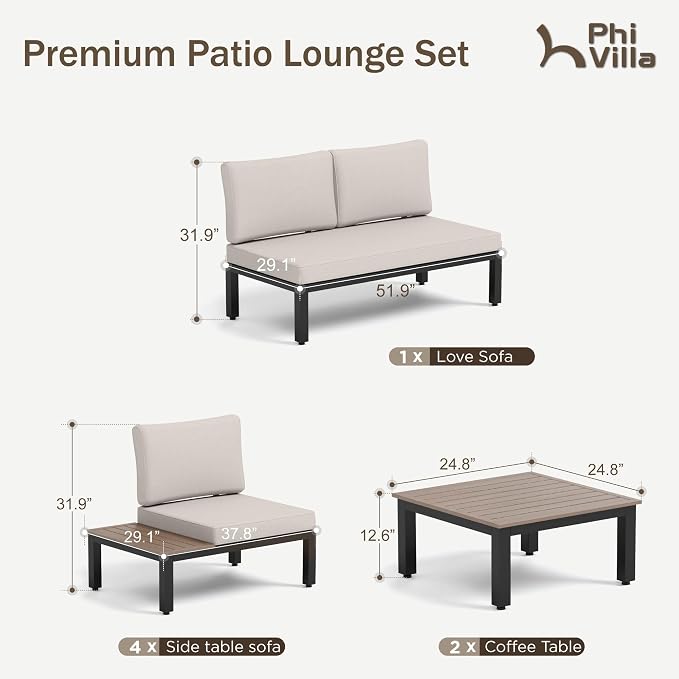 PHI VILLA 7 Pieces Outdoor Patio Furniture Set, Metal Frame Modern Outdoor - Image 8